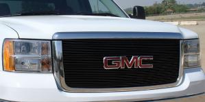 2007-2010 GMC Sierra Heavy Duty T-Rex Billet Grille Insert & Overlay/Bolt On - OE Logo Mounts On Billet - All Black (27 Bars)