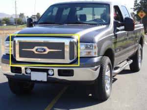 2005-2007 Ford Super Duty T-Rex Grille Assembly - Aftermarket Chrome Shell With 3 Piece Look Mesh (54561) Installed