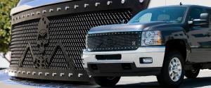 2007-2012 Chevrolet Silverado T-Rex Urban Assault Grunt - Studded Main Grille With Soldier - Black OPS Flat Black - Custom 1 Piece Style (Replaces OE Grille, UPS OS3)