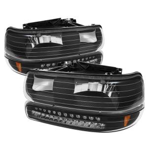 Chevy Silverado 1500/2500 99-02 / Chevy Silverado 3500 01-02, Chevy Suburban 1500/2500 00-06, Chevy Tahoe 00-06 Xtune Headlights With LED Bumper Lights - Amber - Black