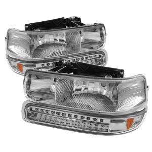 Chevy Silverado 1500/2500 99-02 / Chevy Silverado 3500 01-02, Chevy Suburban 1500/2500 00-06, Chevy Tahoe 00-06 Xtune Headlights With LED Bumper Lights - Amber - Chrome