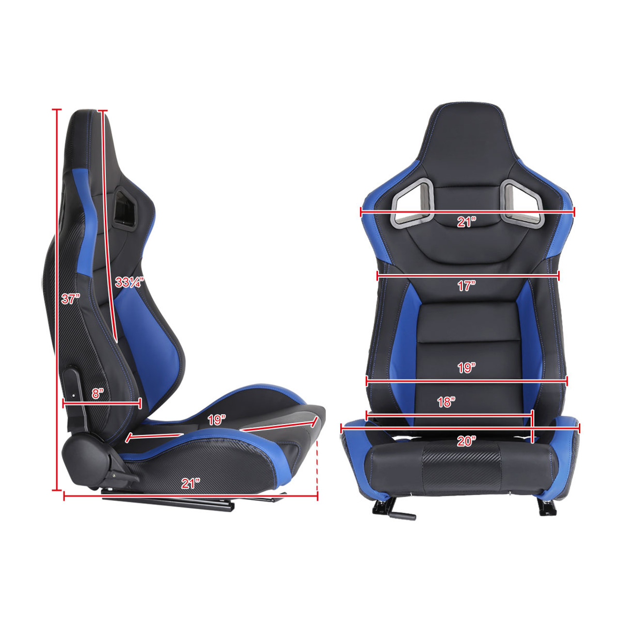 Fully Reclinable Black & Blue PVC Leather Carbon Fiber Style Bucket Racing Seat w/ Sliders - Driver Side Only