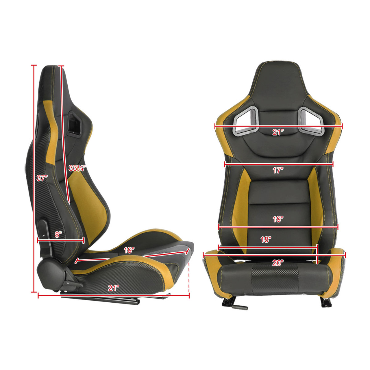 Fully Reclinable Black & Yellow PVC Leather Carbon Fiber Style Bucket Racing Seat w/ Sliders - Driver Side Only